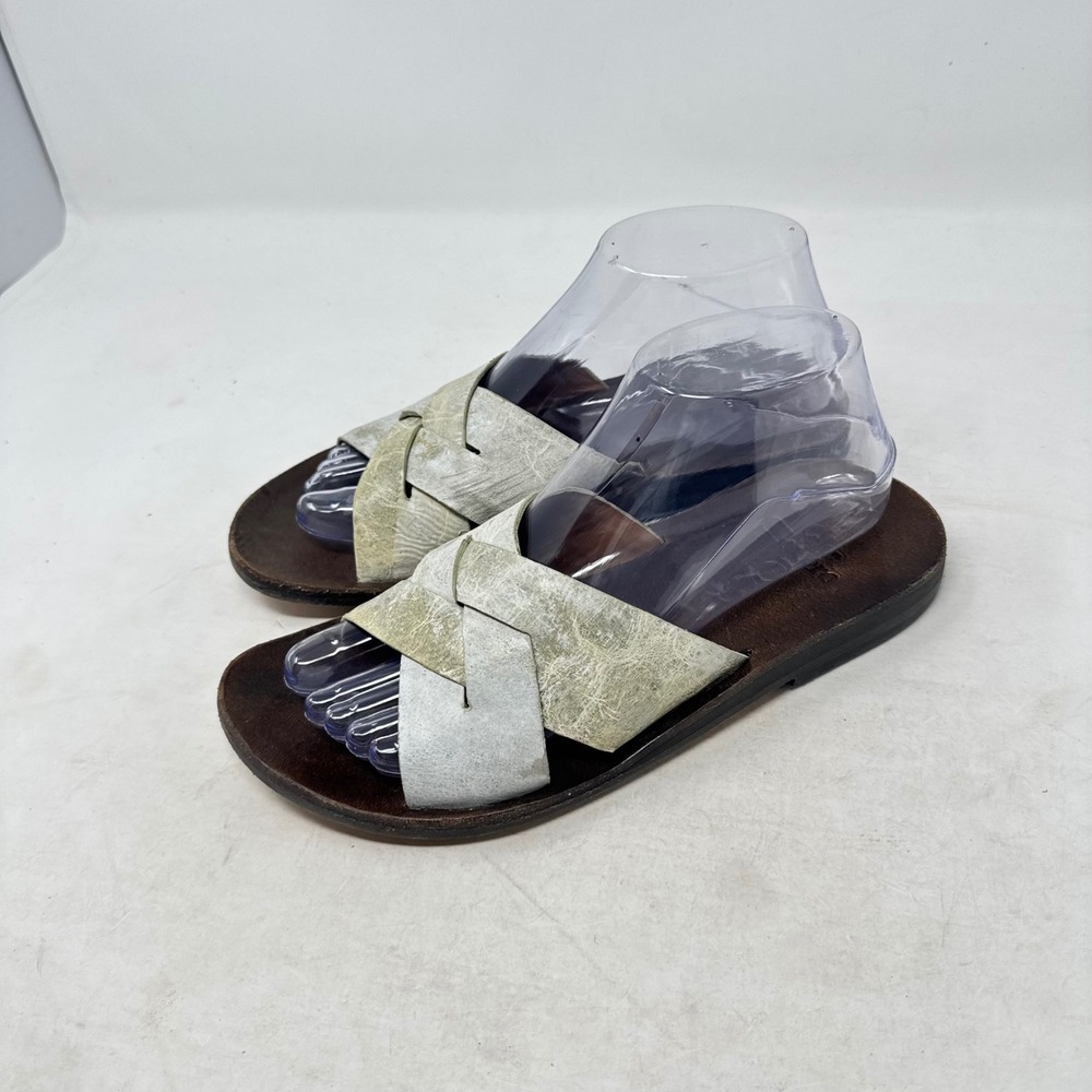 Colleen Cordero Crisscross Slides Silver 7.5 Boho Artisan Leather Flat Sandals
